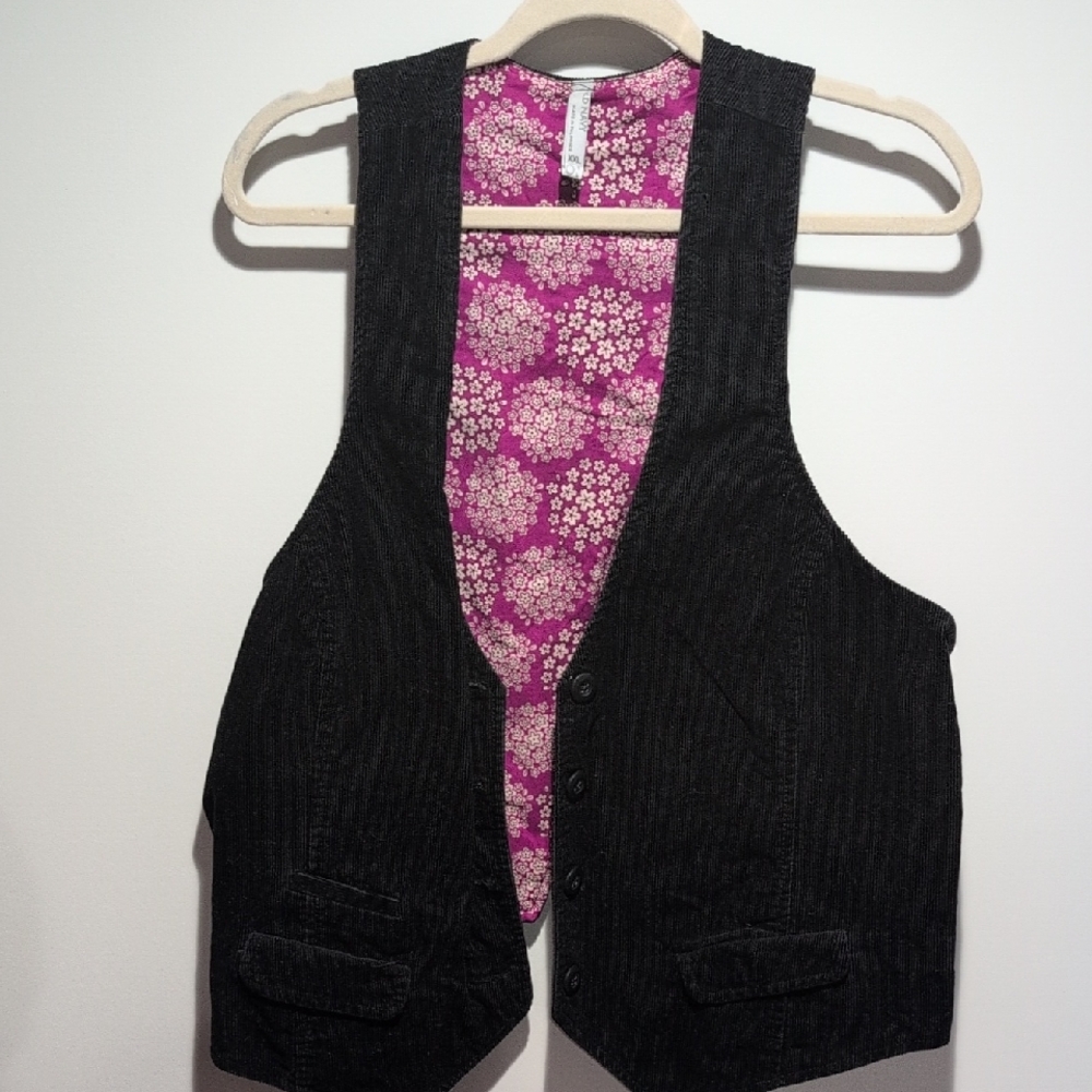 Old Navy Black Pinstripe Vest with Pink Floral Lining
